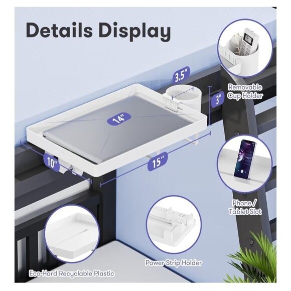 Plastic Bedside Shelf for Bunk Bed & Top Bunk Bed Side Table Tray Organizer - Picture 3 of 7